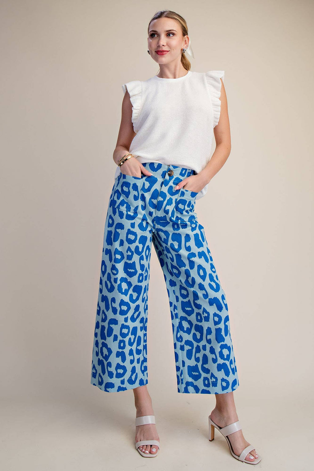 Colette Cropped Wide-Leg Neon Blue Leopard Pants