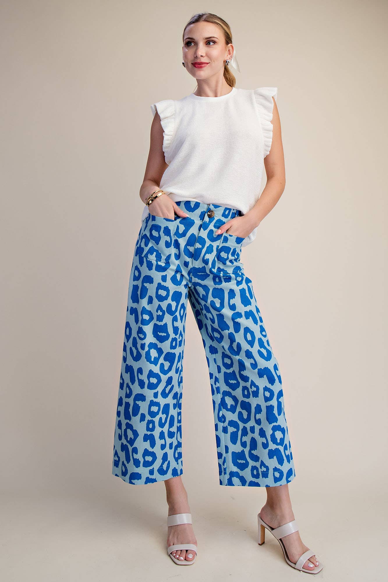 Colette Cropped Wide-Leg Neon Blue Leopard Pants