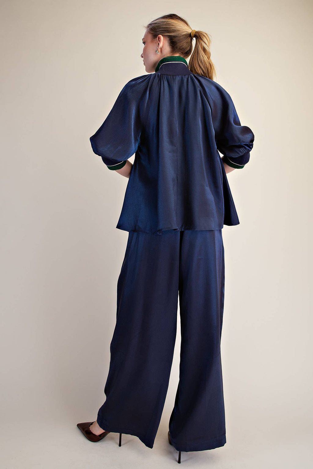 Navy Mock Neck Band Puff Sleeve Blouse