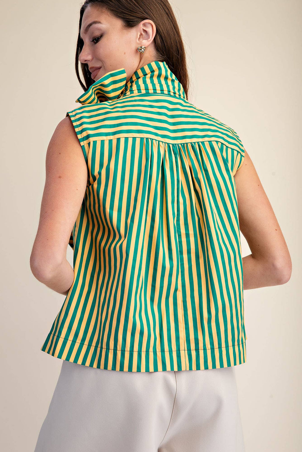 Green & Gold Tie Neck Sleeveless Stripe Top