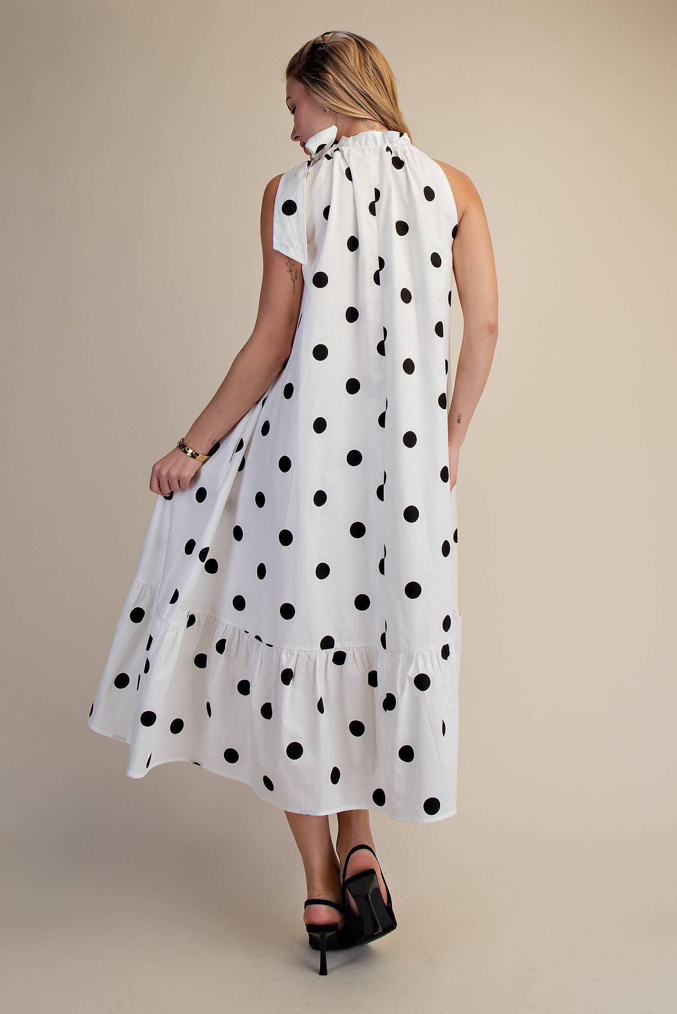 Polka Dot Midi Dress Sleeveless With Ruffle Neck Tie