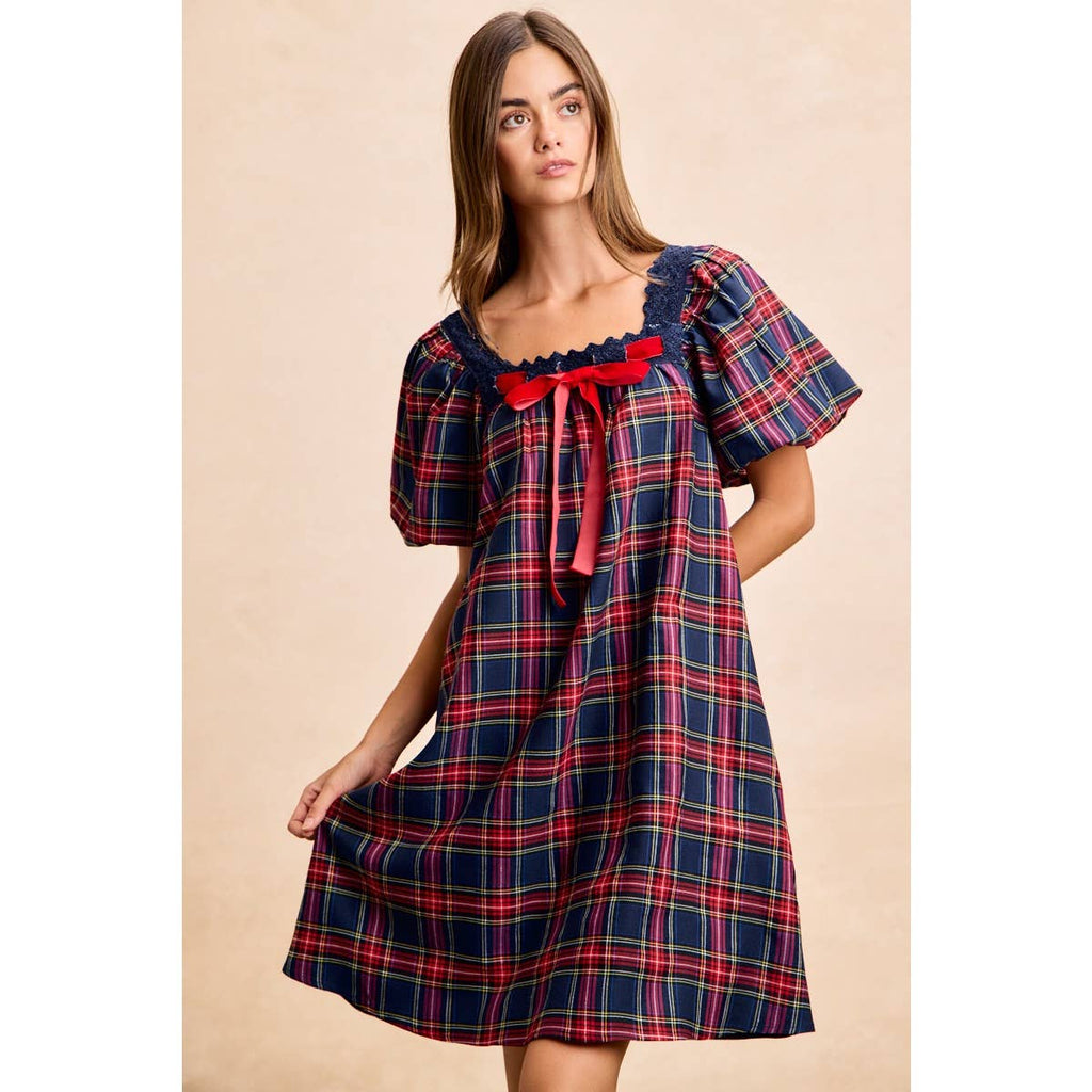 CHRISTMAS PLAID BALLOON SLEEVES SQUARED NECK DRESS