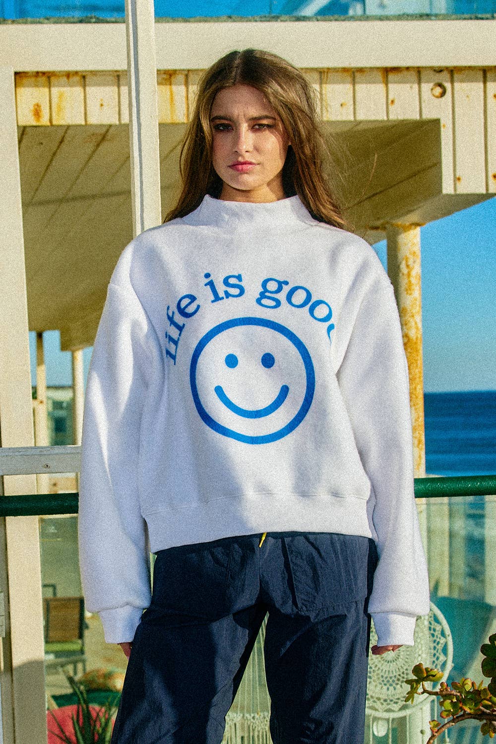 Reversible Graphic Mock-Neck Crop Sweatshirt | White