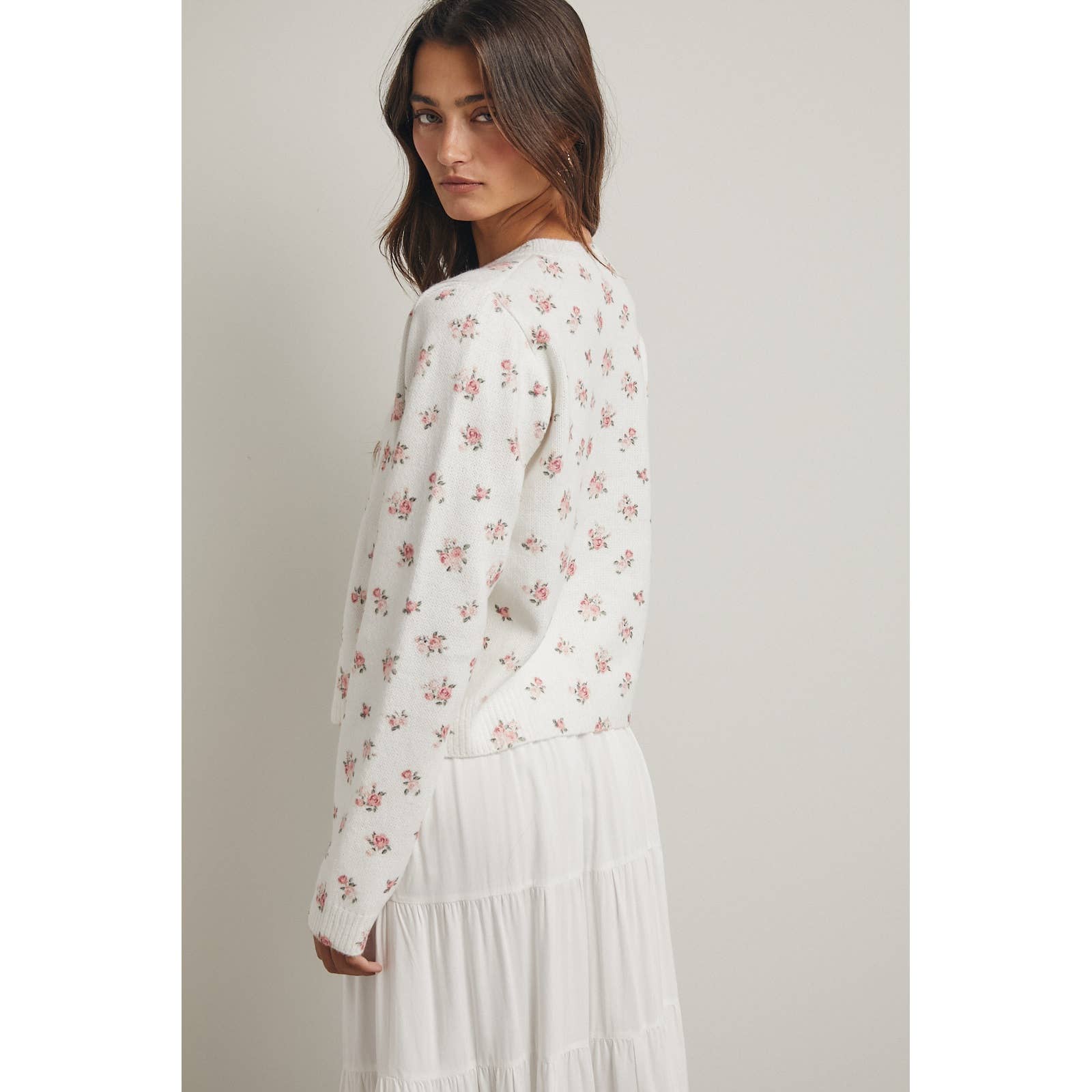 FLORAL BUTTON-UP SWEATER CARDIGAN | OFF WHITE & PINK