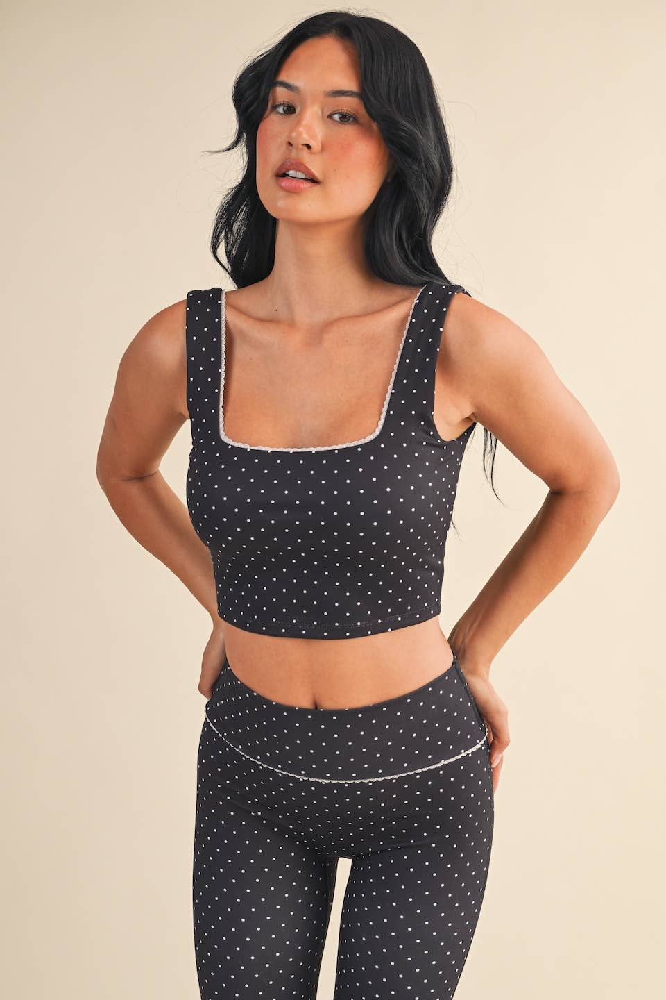 Black Polka Dot Print Crop Tank with Lace Trim