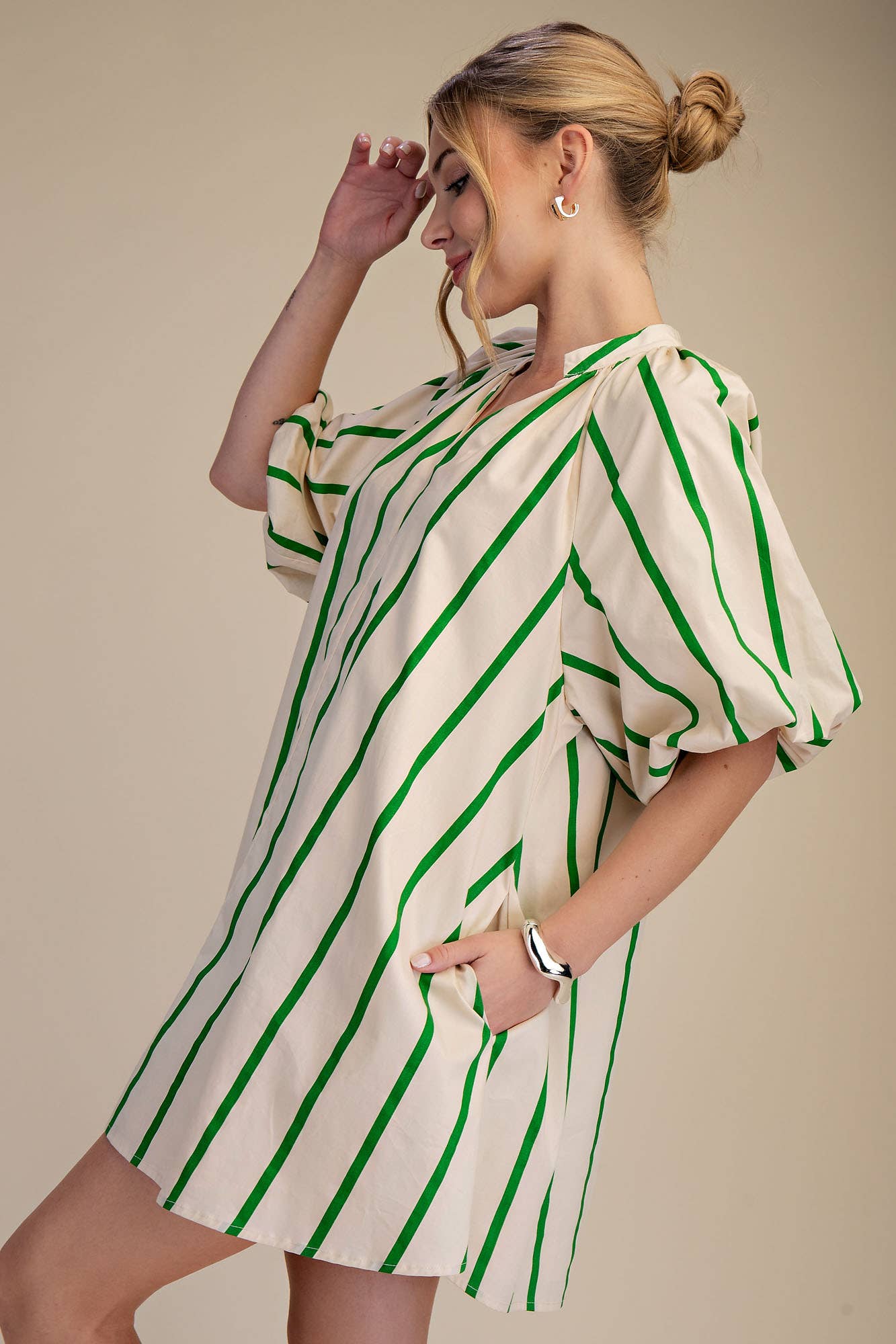 Puff-Sleeve Green Stripe Mini Shift Dress