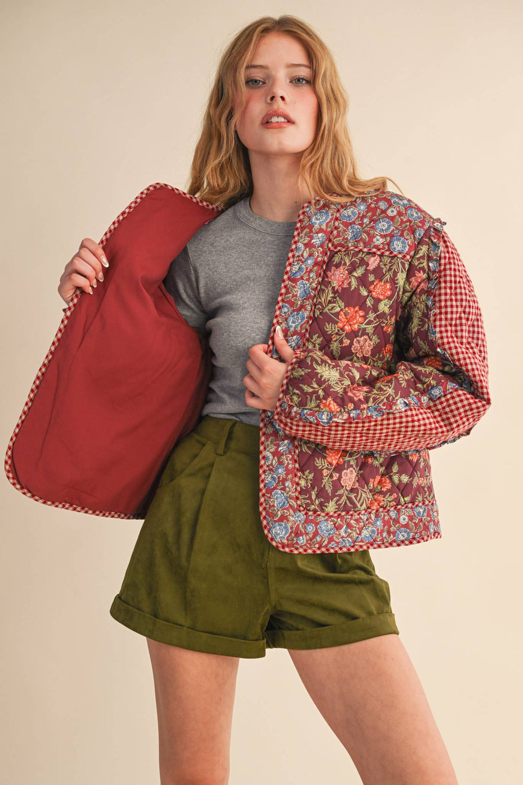 BURGUNDY MIXED PRINT QUILTED JACKET WITH RUFFLE TRIM