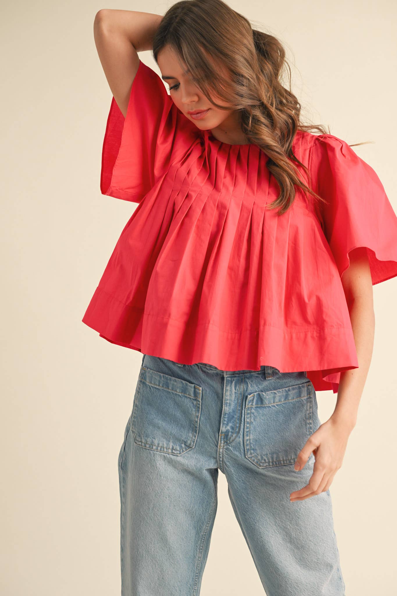 PLEATED SHORT SLEEVE TOP CERISE PINK