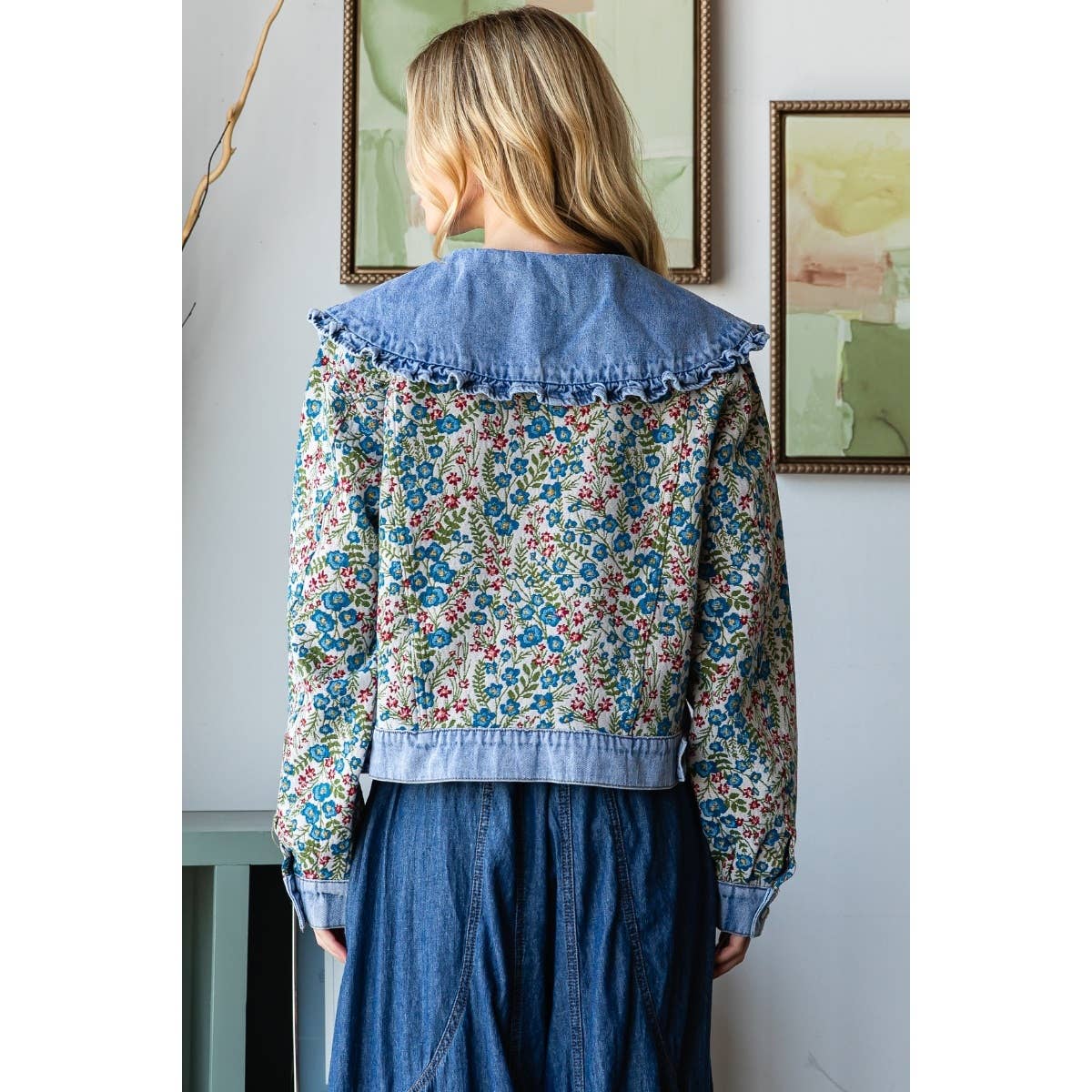 Vintage Jacquard Ruffle collar Denim Jacket