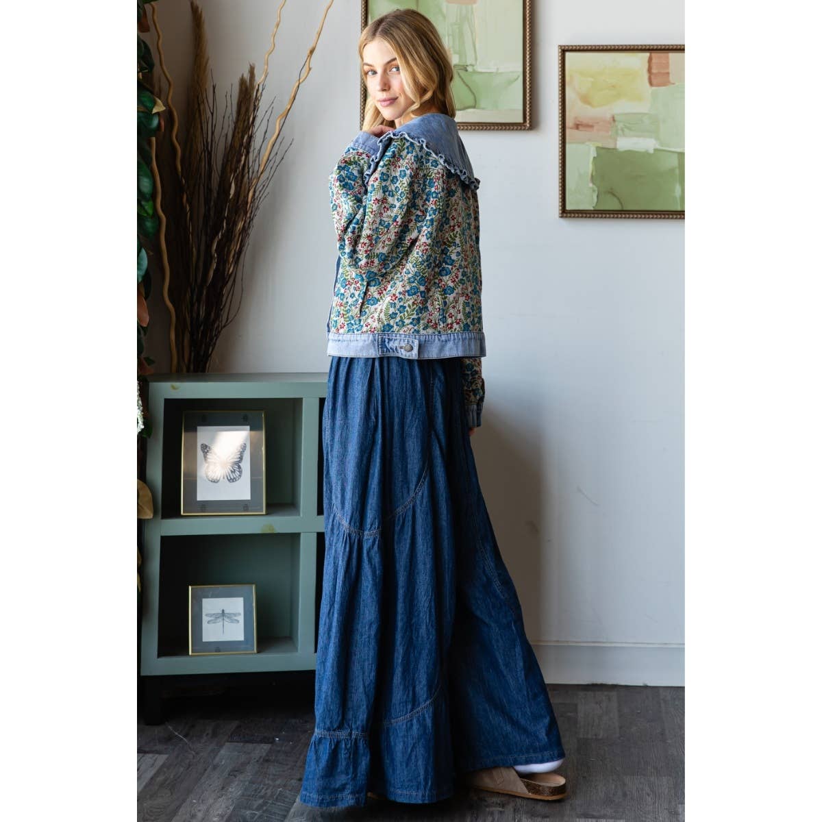 Vintage Jacquard Ruffle collar Denim Jacket