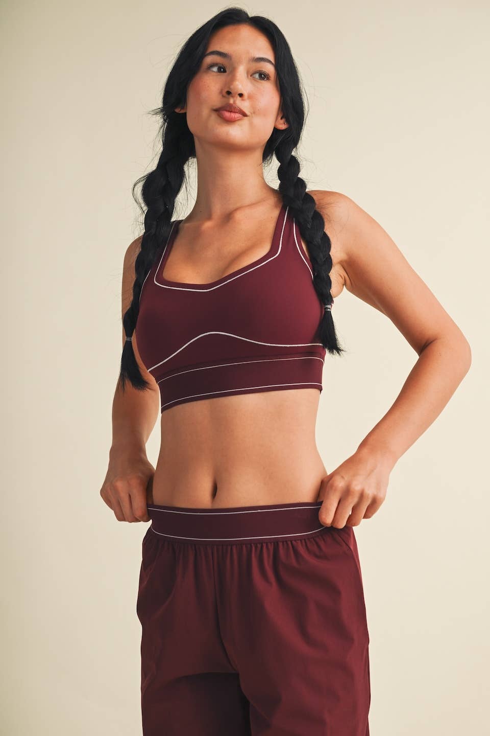 Burgundy Contrast Thread Sports Bra