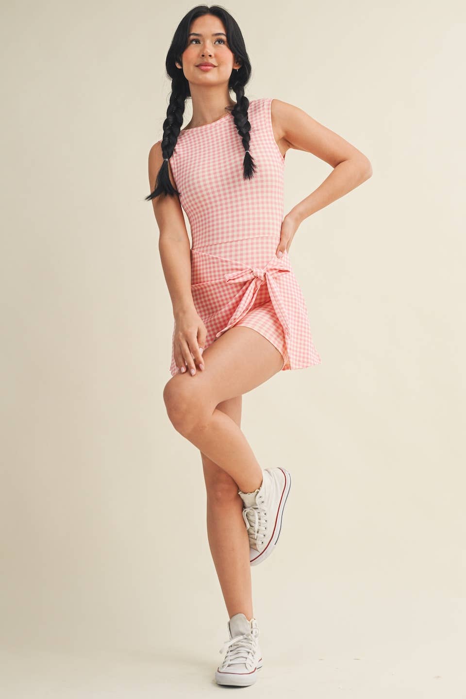 Pink Gingham Print Sleeveless Wrap Tie Front Dress