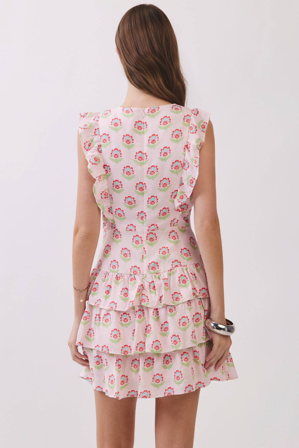 Floral Print Lace Trim Ruffle Tiered Mini Dress