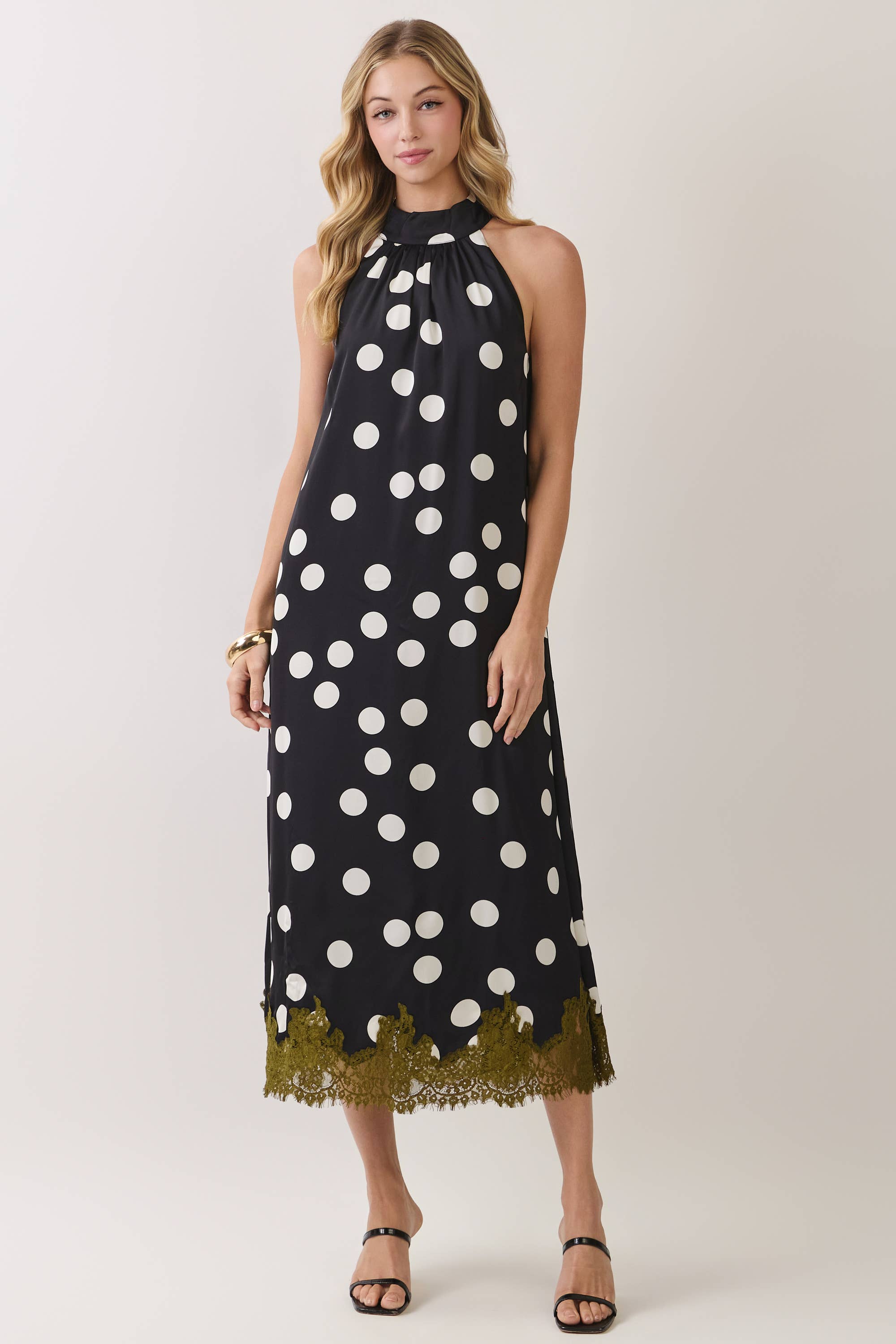 Polka Dot Lace Trim Halter Maxi Dress | Black