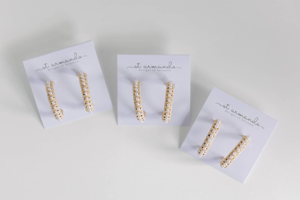 Natural Studded Pearl Raffia Statement Hoop Earrings