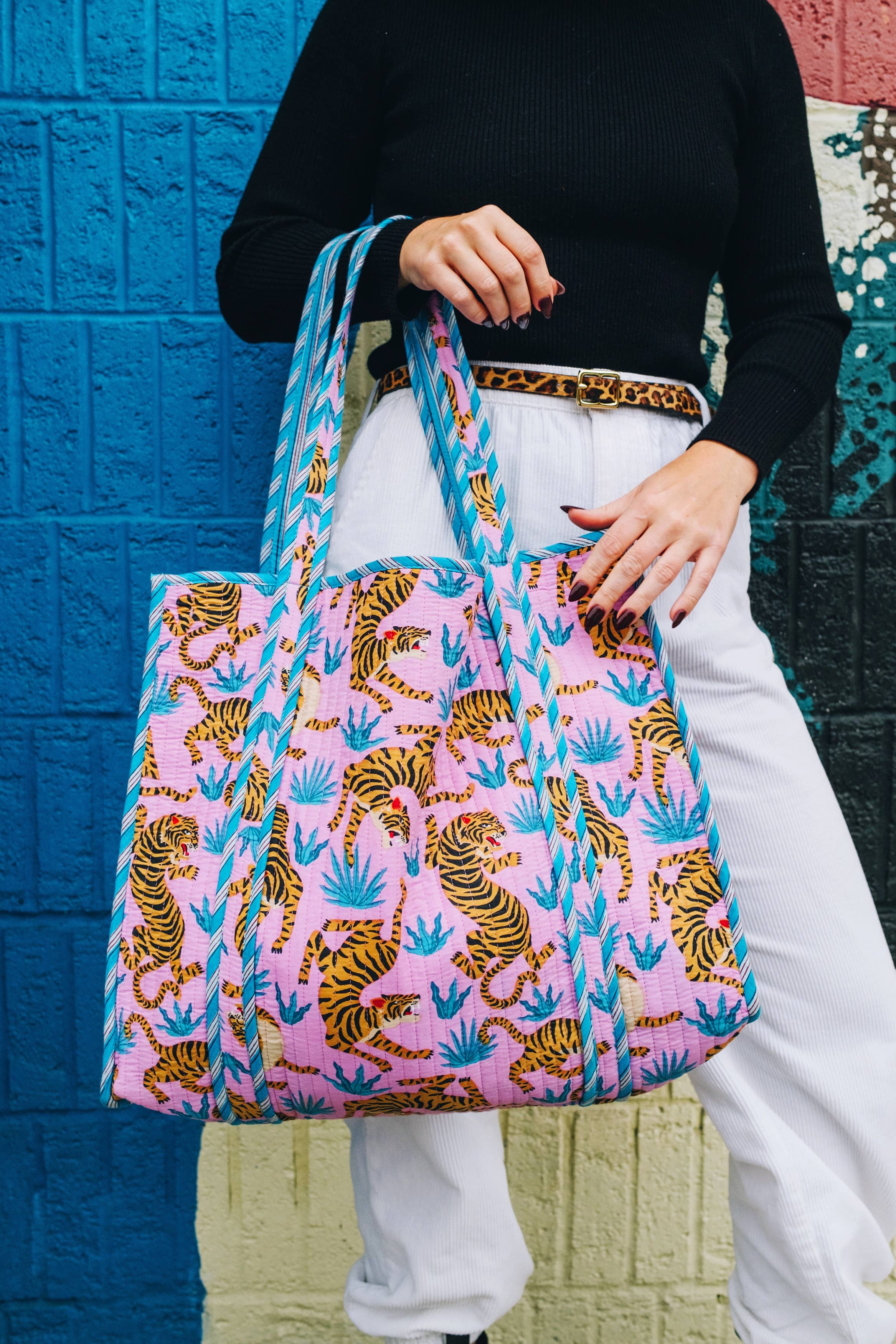 Quilted Tote Bag | Large Travel Bag | Pink Blue Tiger Print