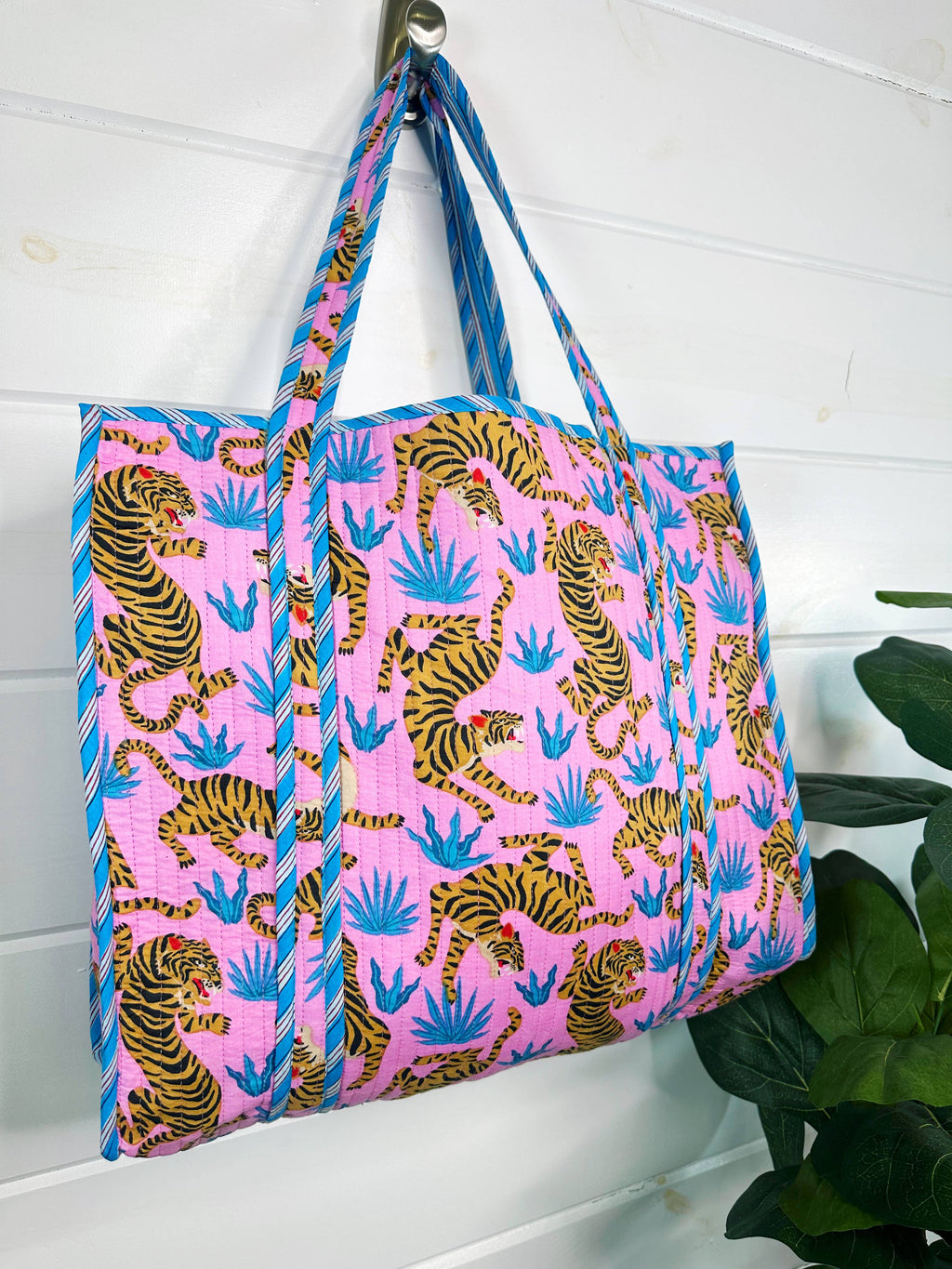 Quilted Tote Bag | Large Travel Bag | Pink Blue Tiger Print