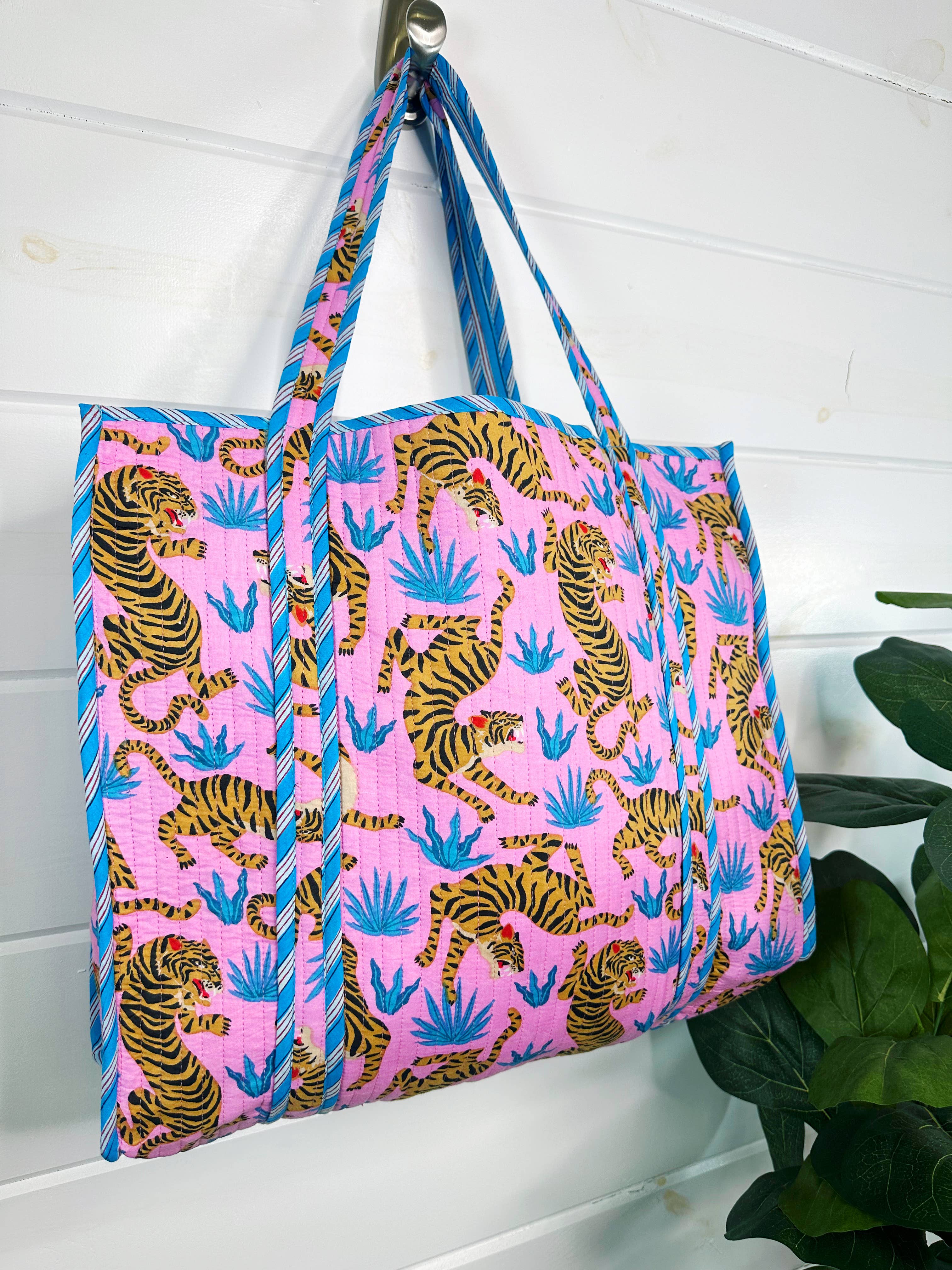 Quilted Tote Bag | Large Travel Bag | Pink Blue Tiger Print