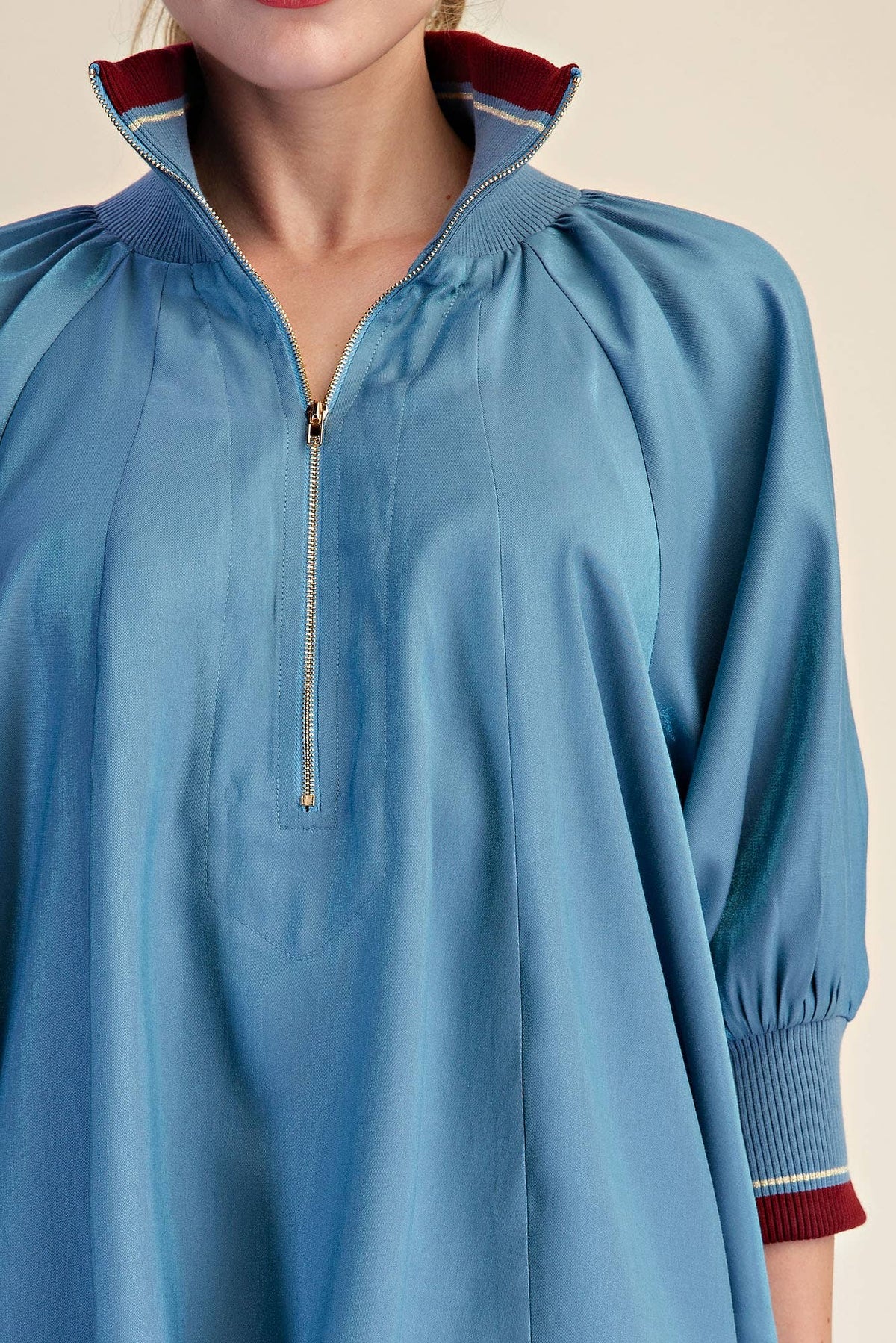 Navy Mock Neck Band Puff Sleeve Blouse