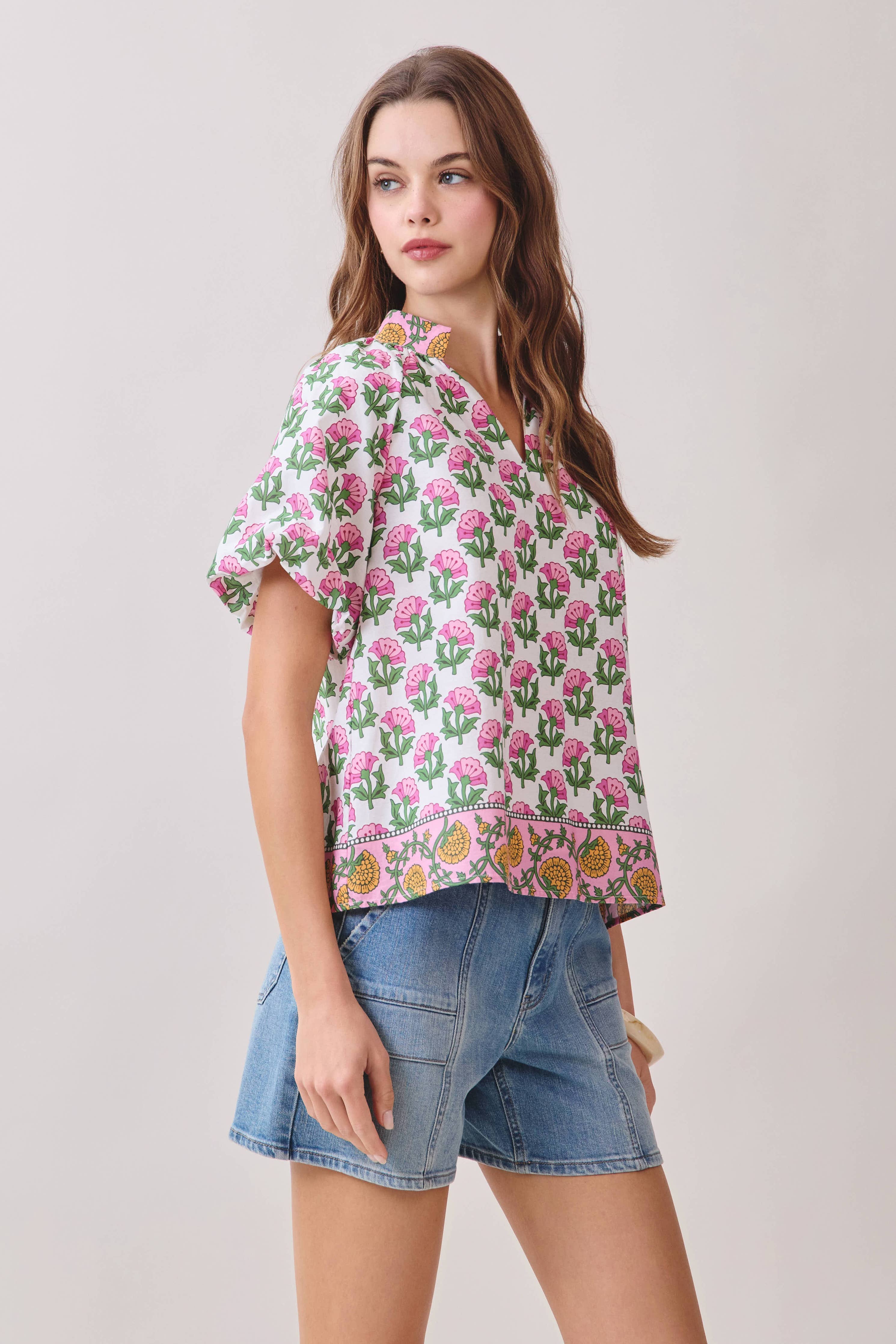 Floral Print Bubble Sleeves Split Neckline Top + Skirt Set