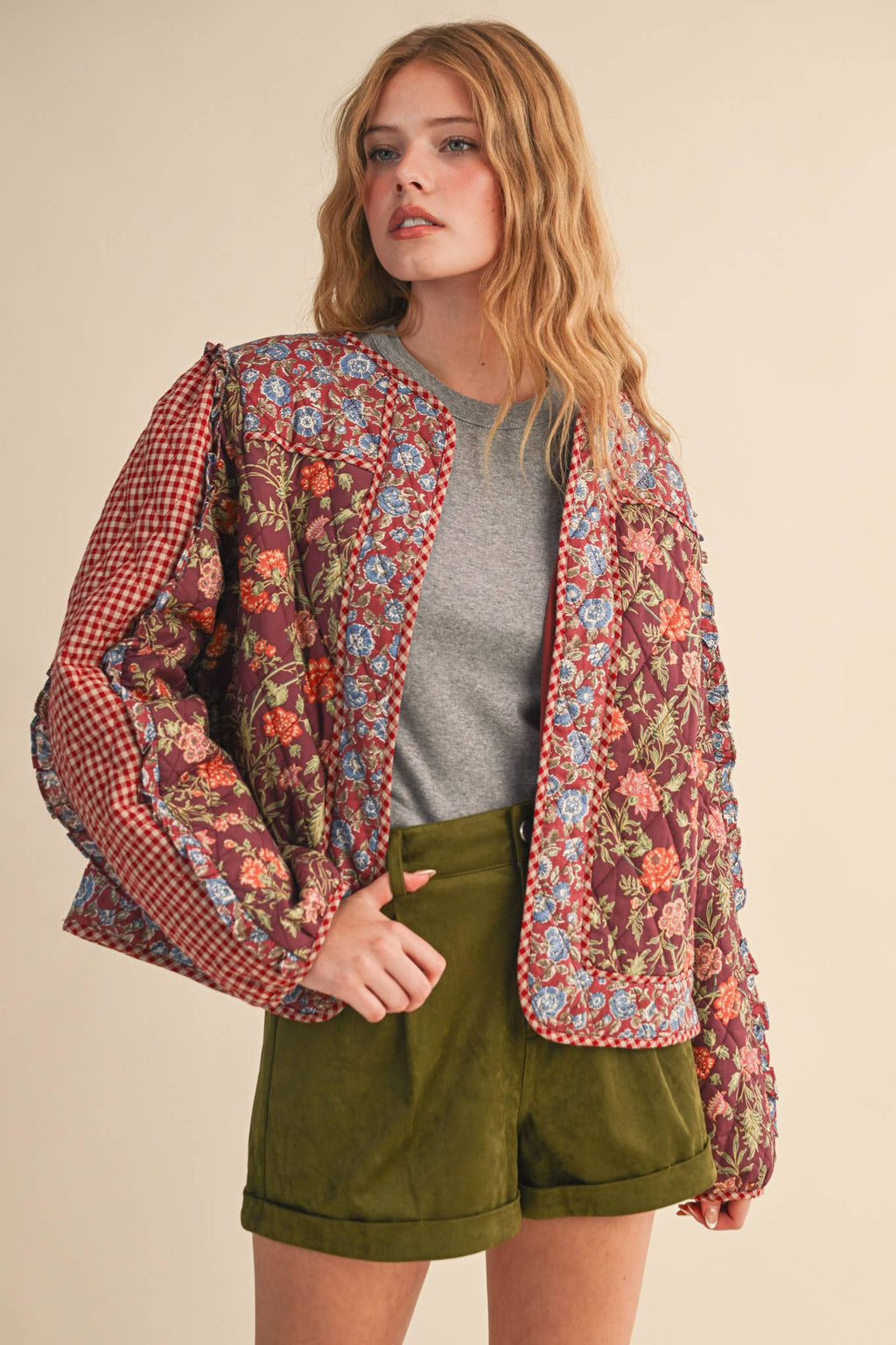 BURGUNDY MIXED PRINT QUILTED JACKET WITH RUFFLE TRIM
