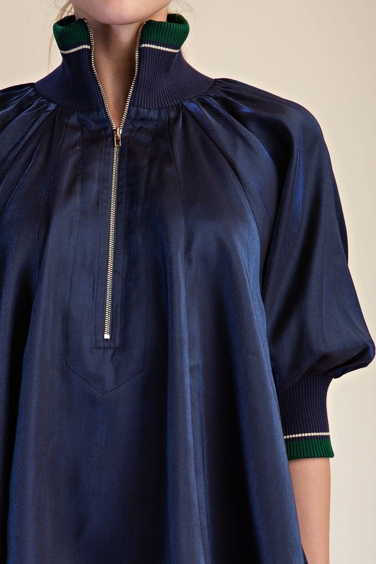 Navy Mock Neck Band Puff Sleeve Blouse