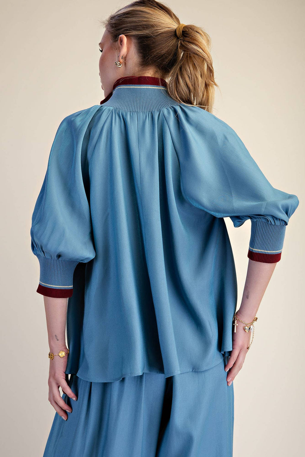 Navy Mock Neck Band Puff Sleeve Blouse