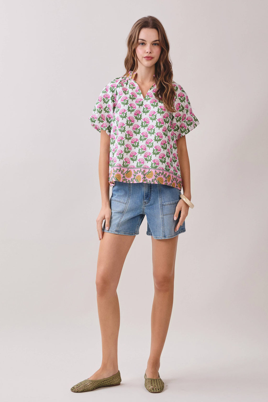 Floral Print Bubble Sleeves Split Neckline Top + Skirt Set
