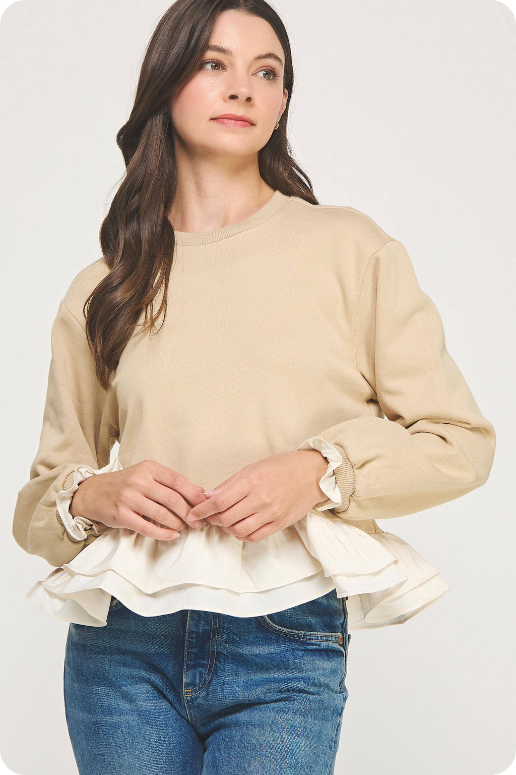 Contrast Ruffle Hem Crewneck Sweatshirt