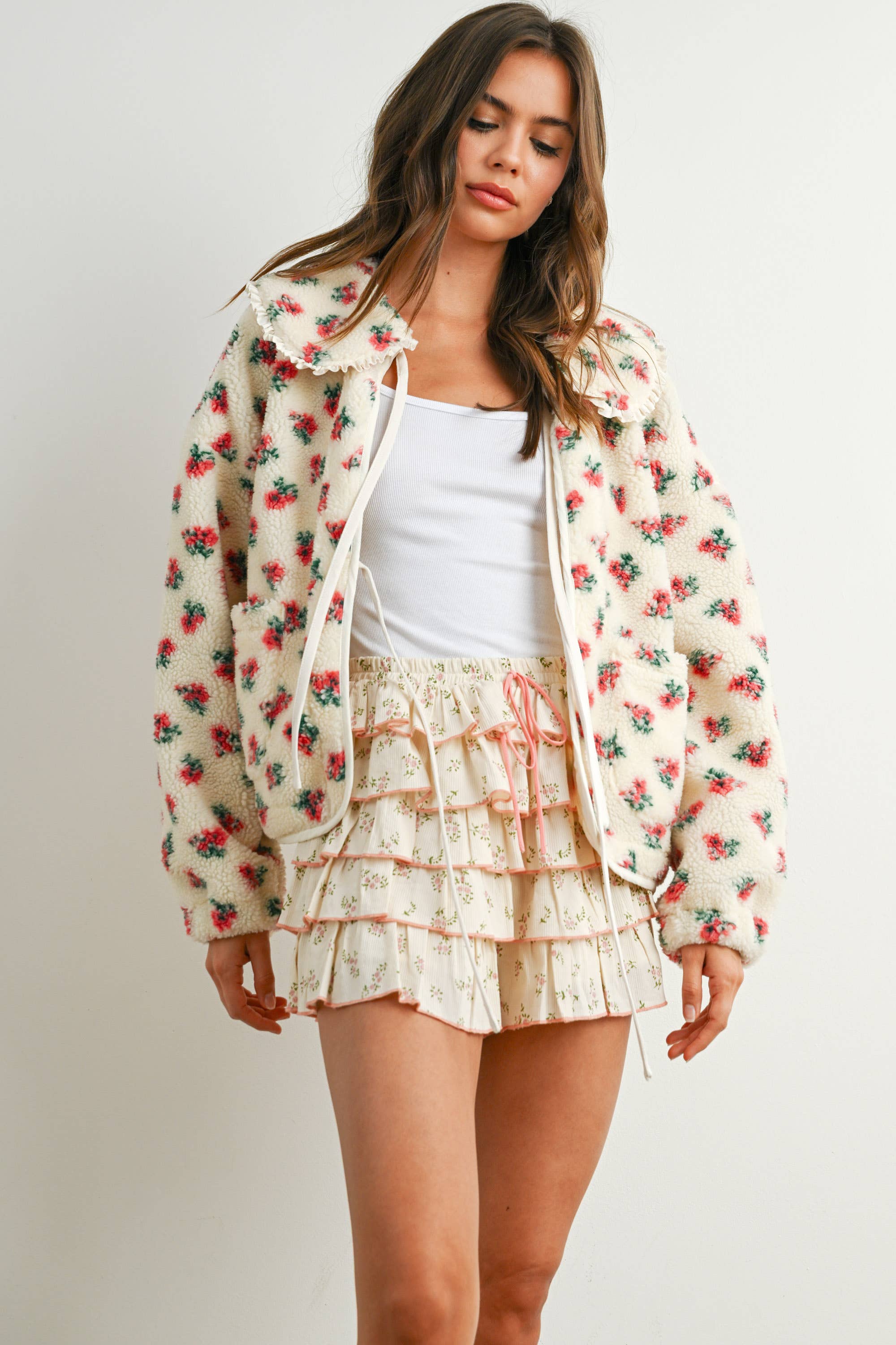 Floral Puffy Tie-Front Sherpa Jacket