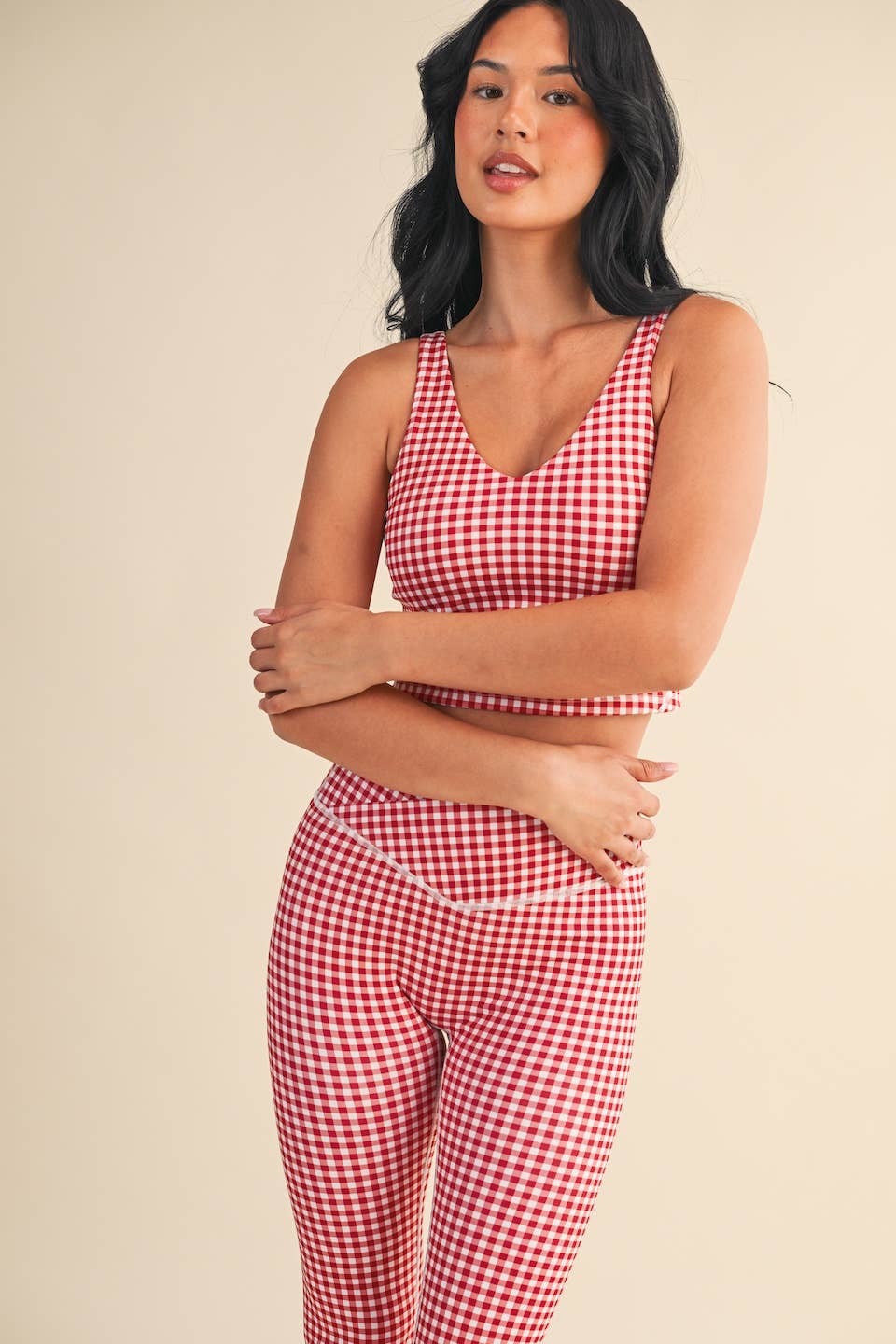 Red Gingham Print Aligned Performance Cropped Tank Top