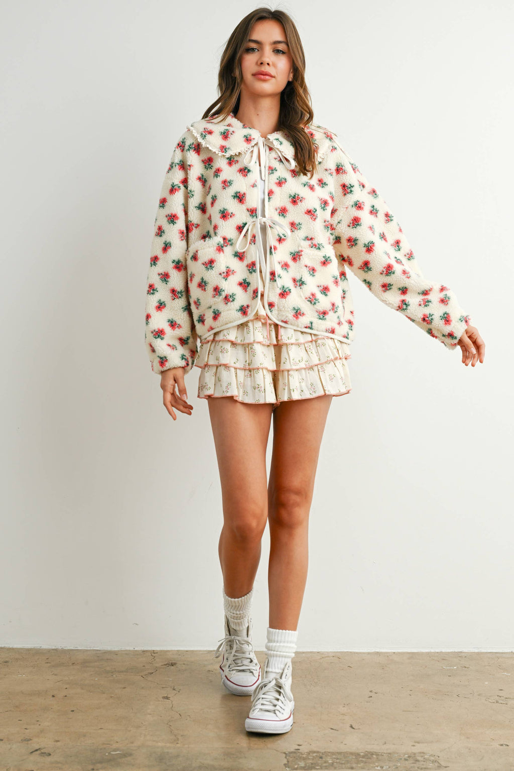 Floral Puffy Tie-Front Sherpa Jacket