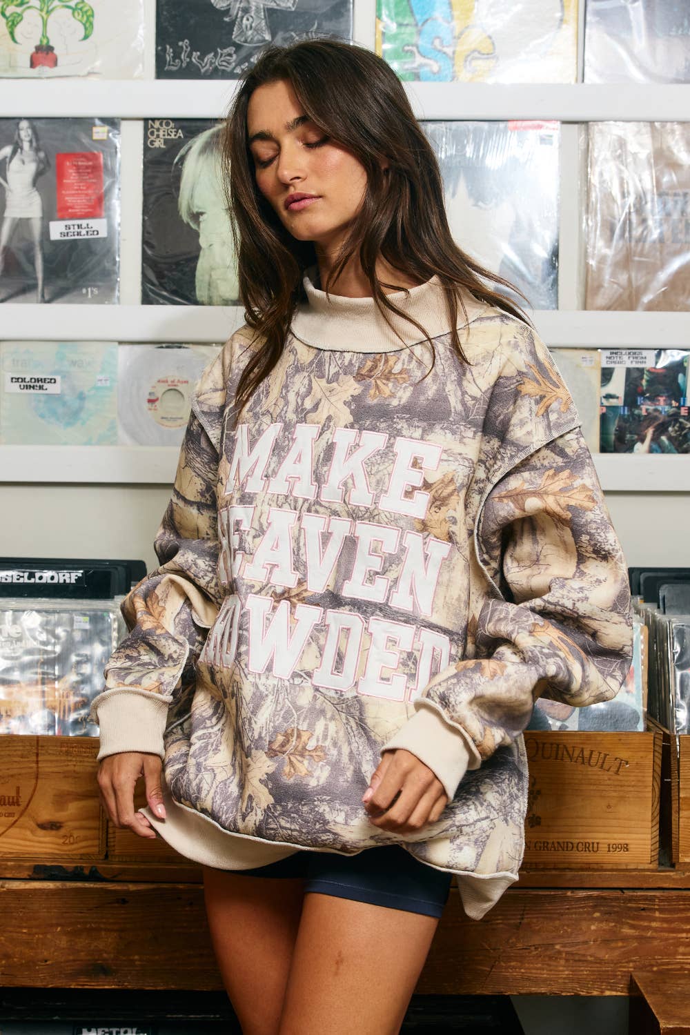 MAKE HEAVEN CROWDED| Camo Appliqué Sweatshirt