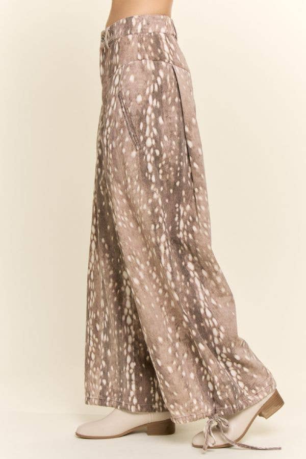 Fawn Spot Corduroy Wide-Leg Pants with Tie Hems