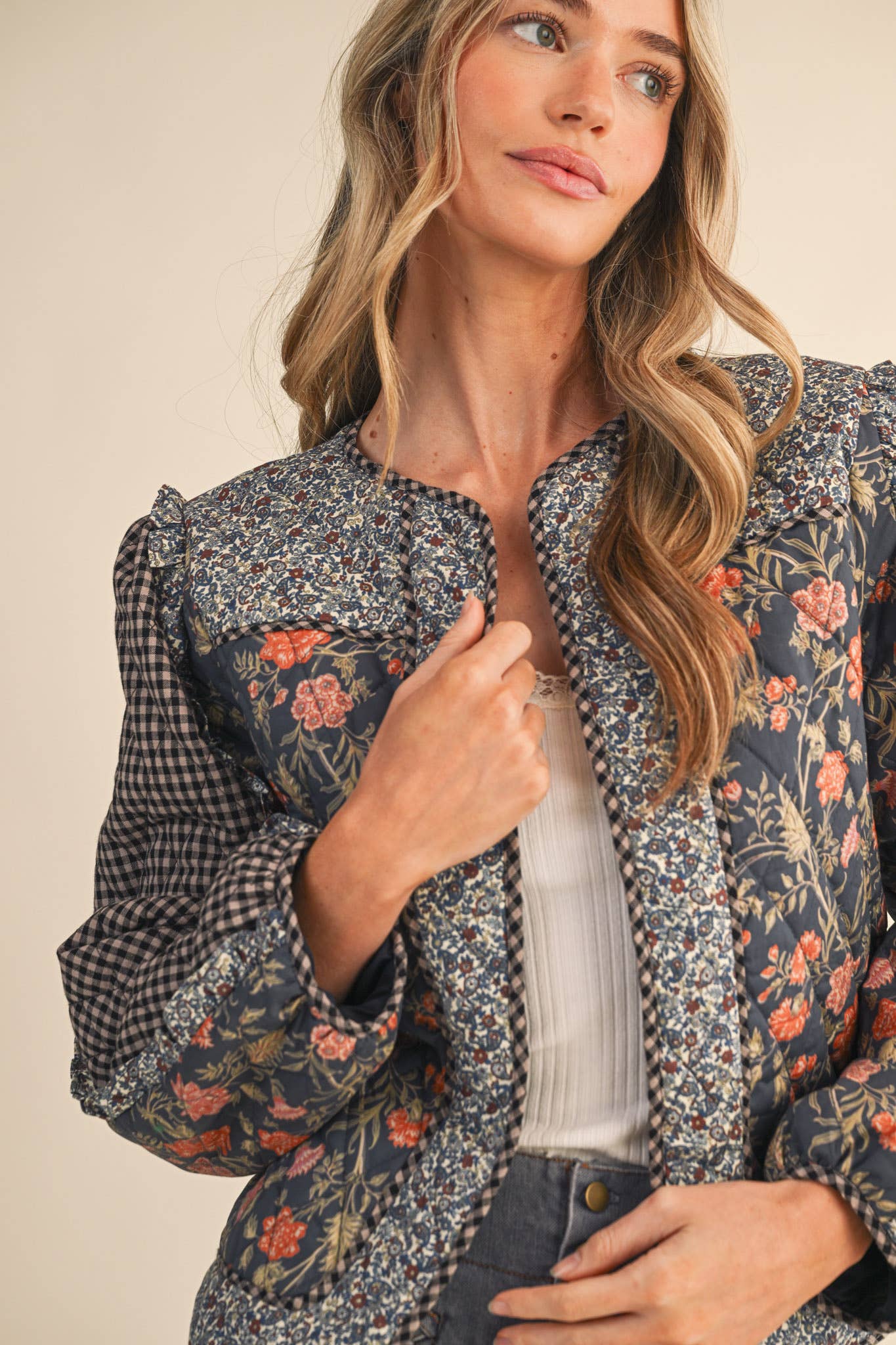 BURGUNDY MIXED PRINT QUILTED JACKET WITH RUFFLE TRIM