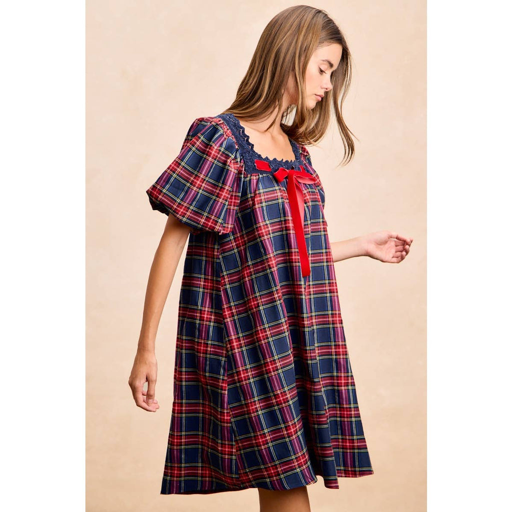 CHRISTMAS PLAID BALLOON SLEEVES SQUARED NECK DRESS