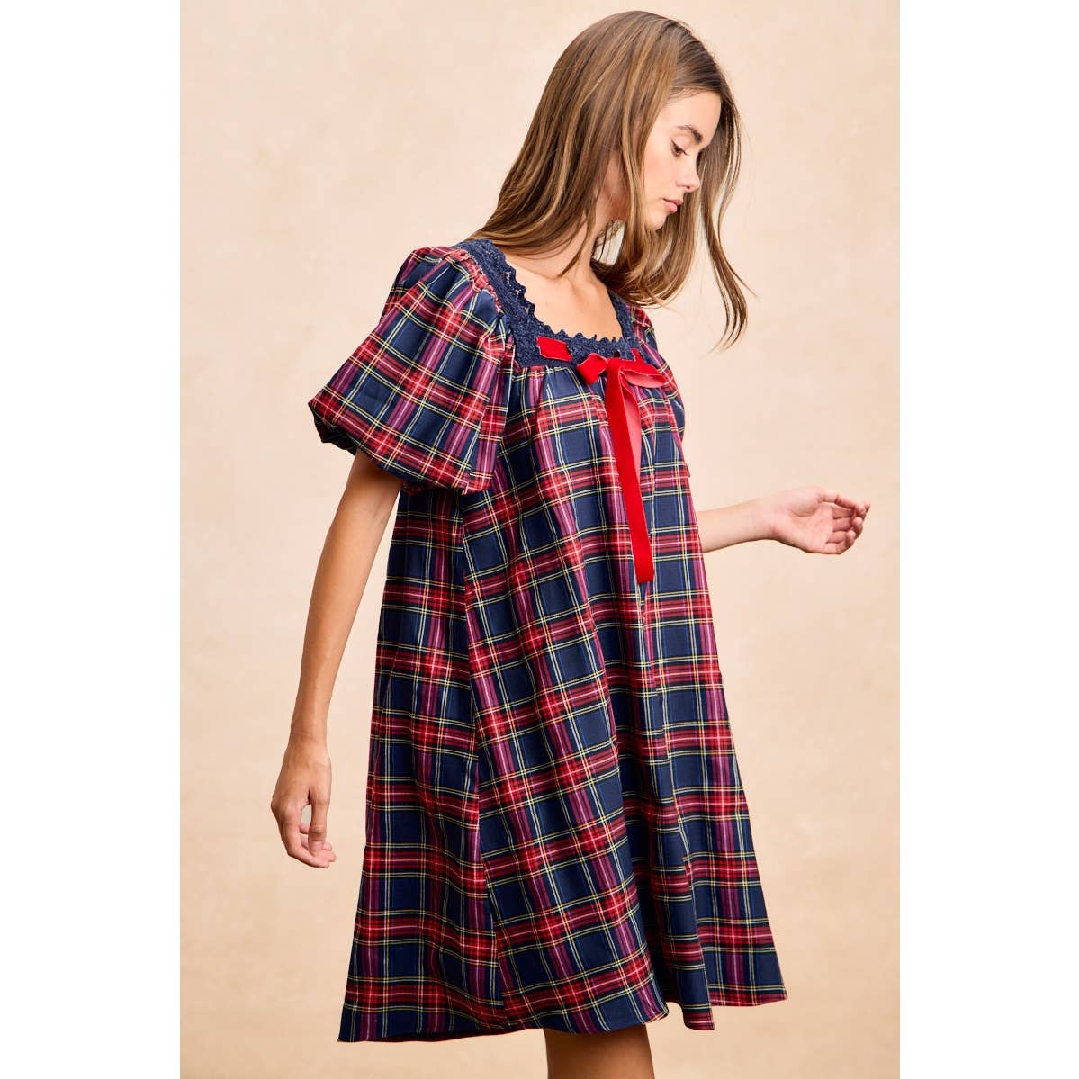 CHRISTMAS PLAID BALLOON SLEEVES SQUARED NECK DRESS