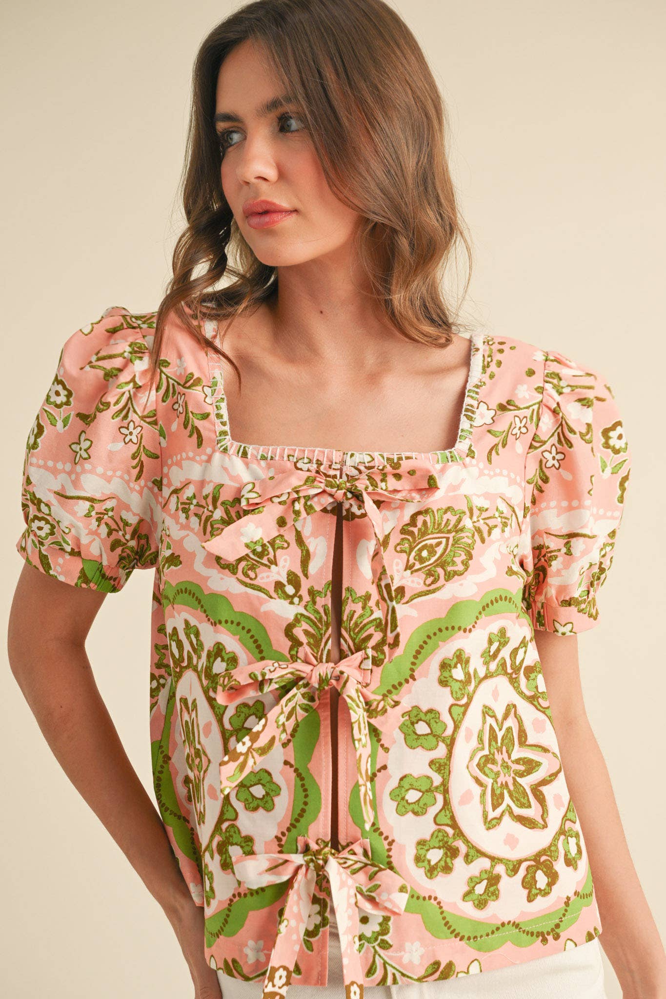 MEDALLION PRINT TIE FRONT PUFF SLEEVE TOP
