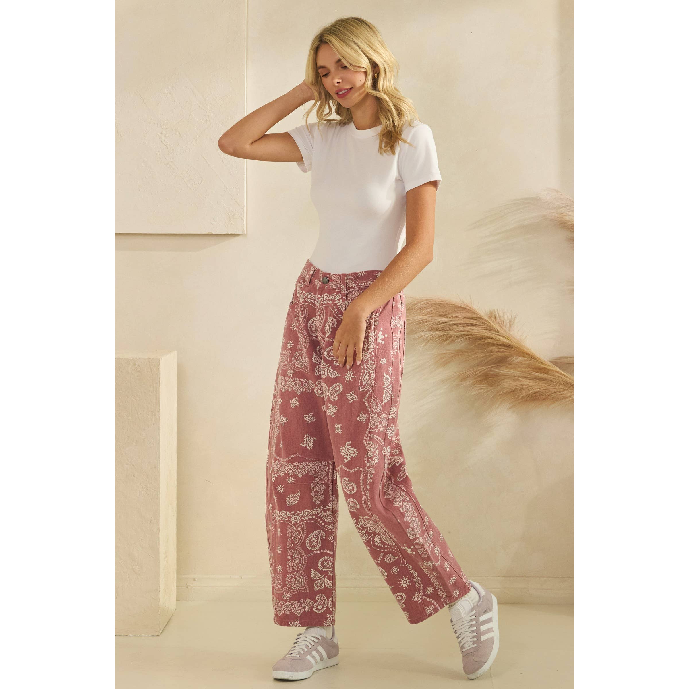 Paisley Printed Denim Pants | Red
