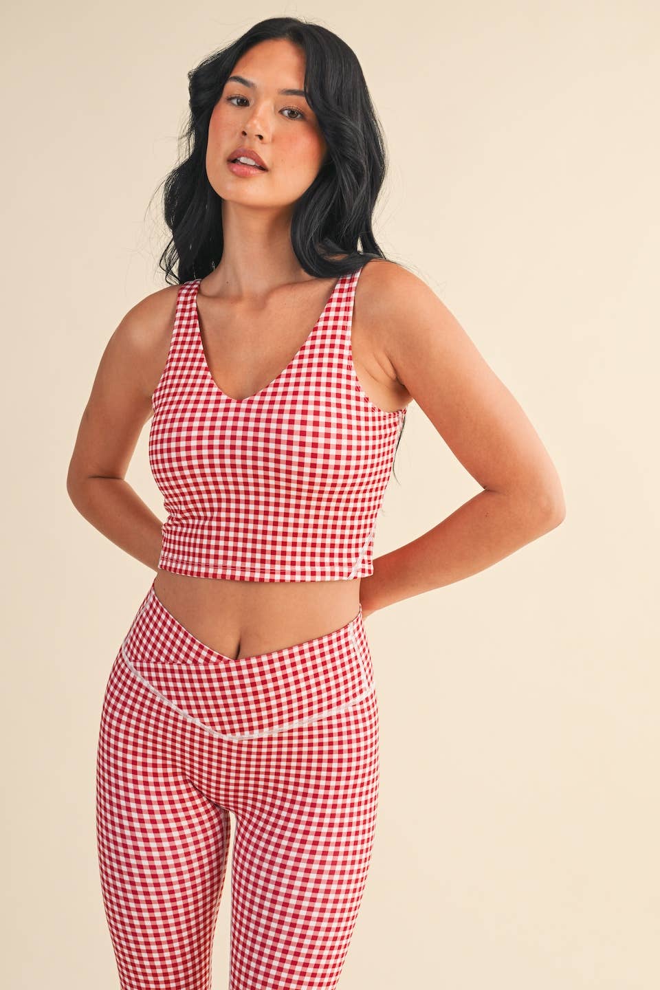 Red Gingham Print Aligned Performance Cropped Tank Top