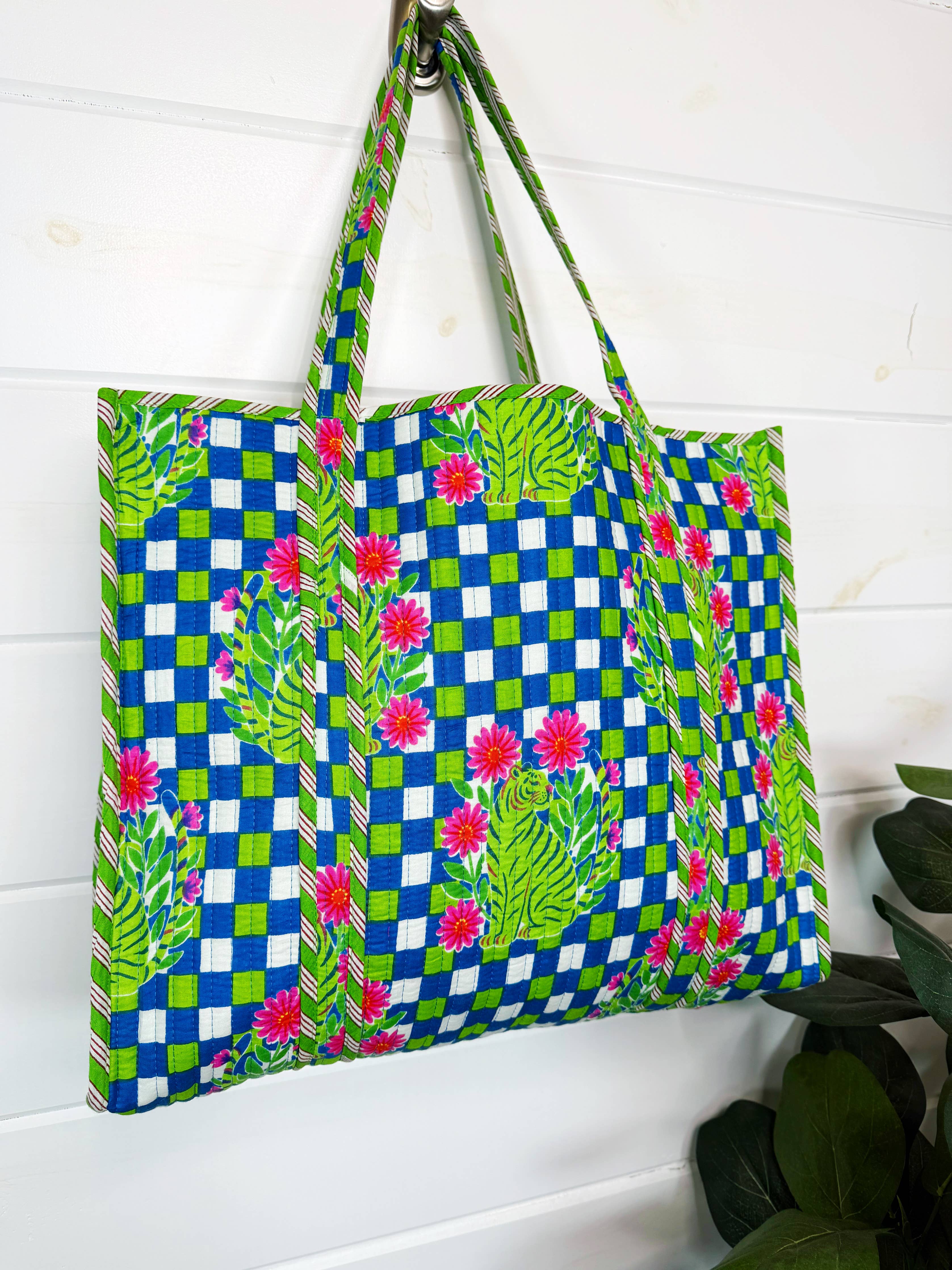 Tote Bags Quilted | Large Travel Tote | Blue Checkered Tiger