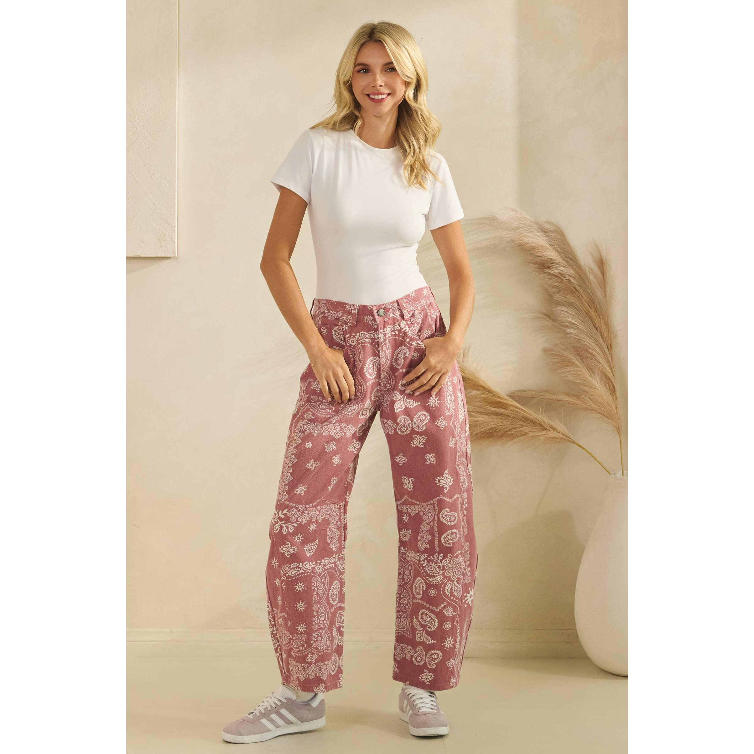 Paisley Printed Denim Pants | Red