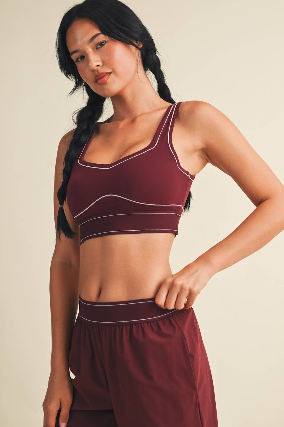 Burgundy Contrast Thread Sports Bra