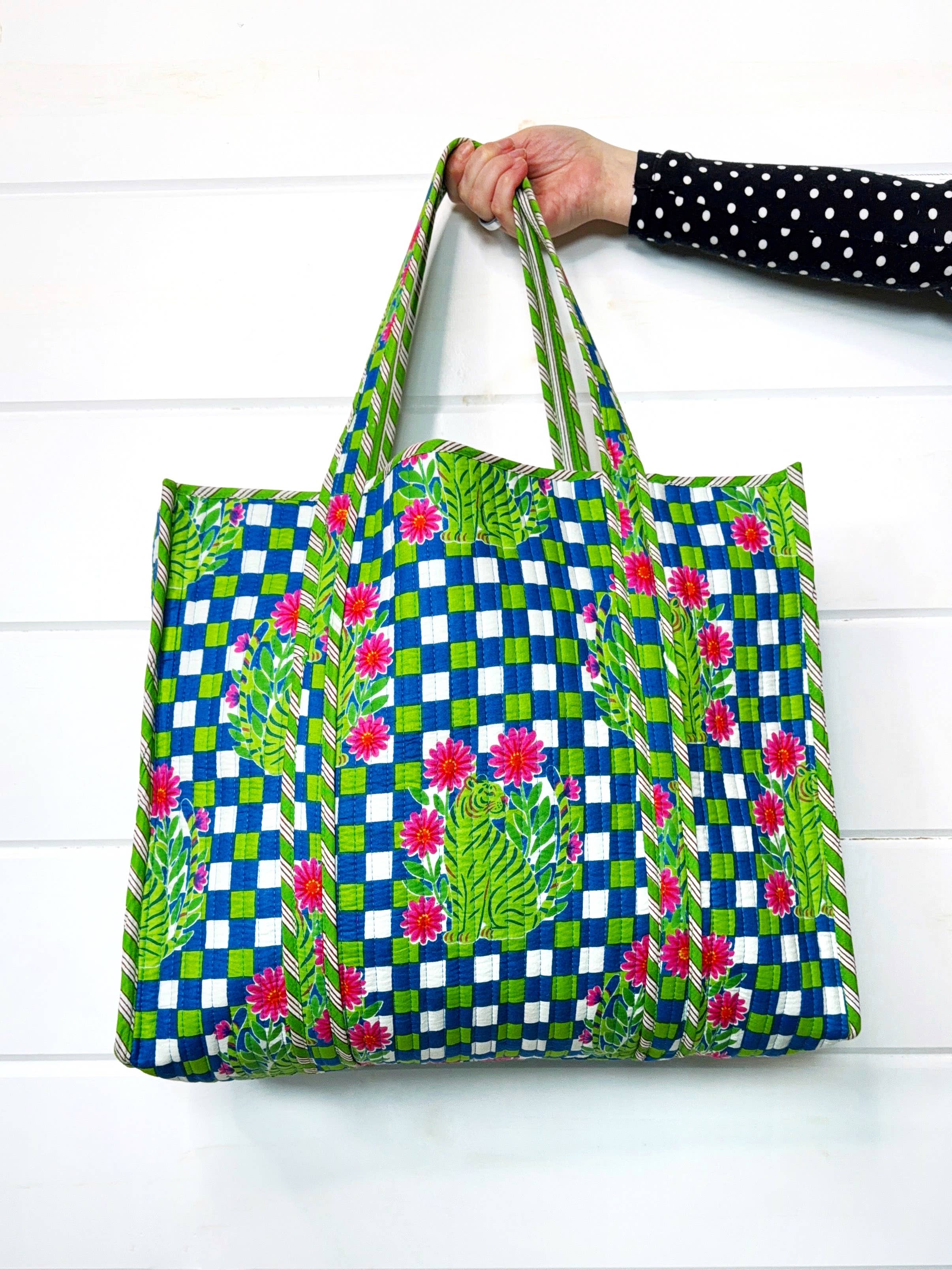 Tote Bags Quilted | Large Travel Tote | Blue Checkered Tiger