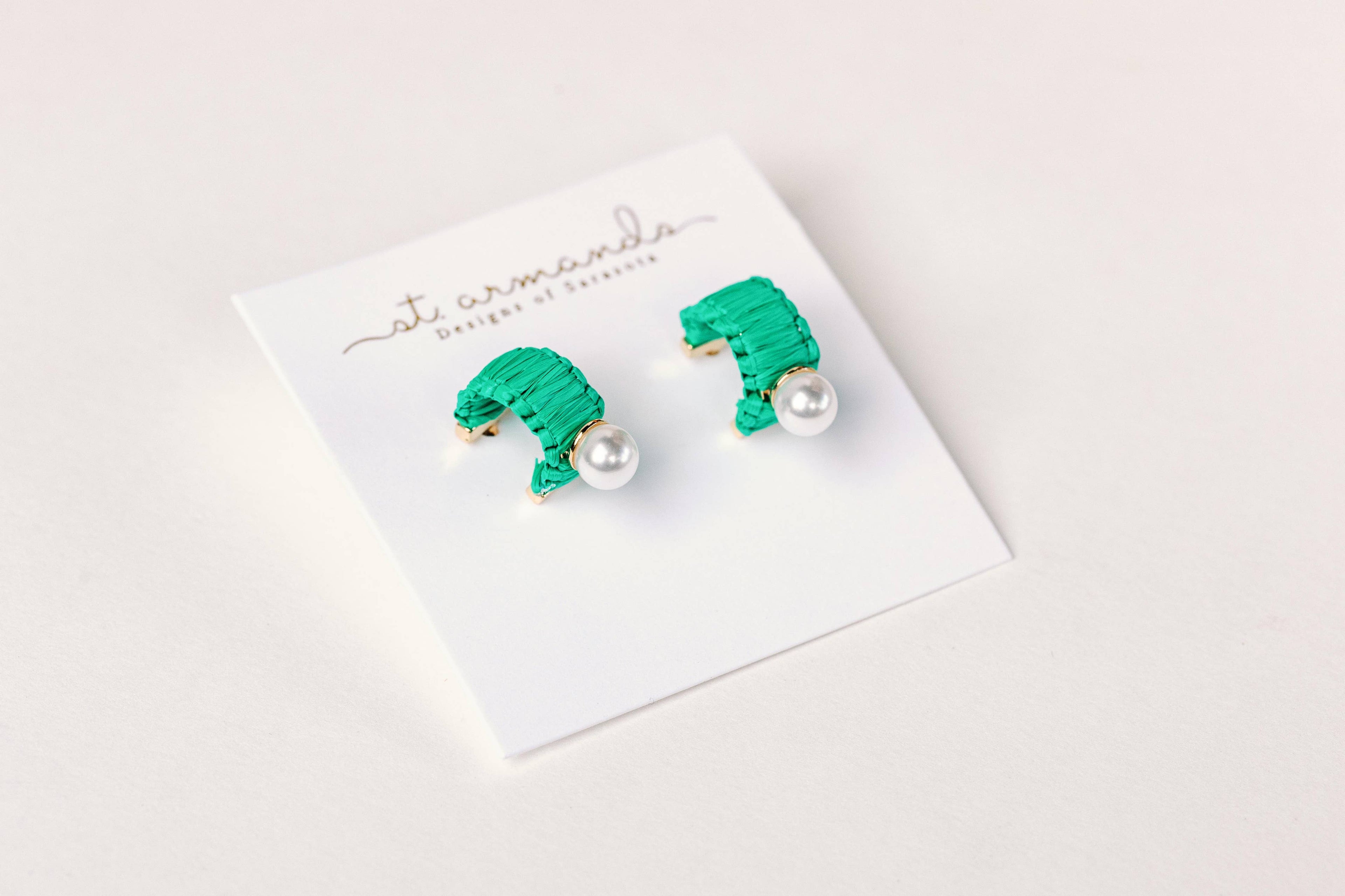 Mini Green Raffia and Pearl Huggie Hoop Earrings