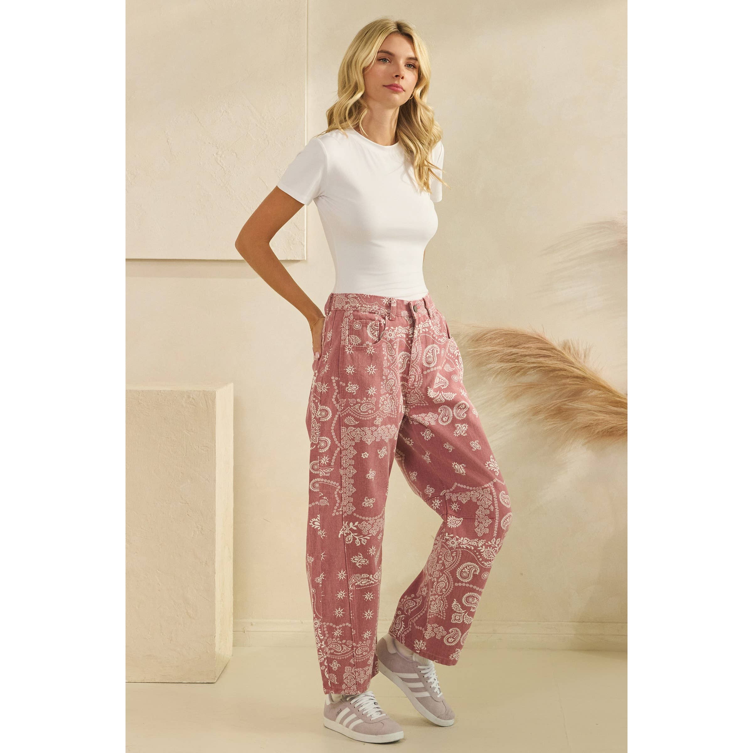 Paisley Printed Denim Pants | Red