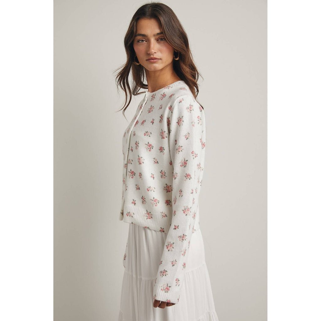 FLORAL BUTTON-UP SWEATER CARDIGAN | OFF WHITE & PINK
