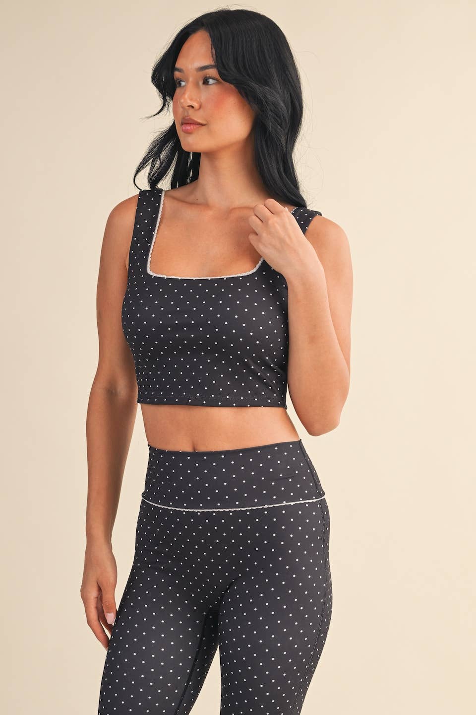 Black Polka Dot Print Crop Tank with Lace Trim