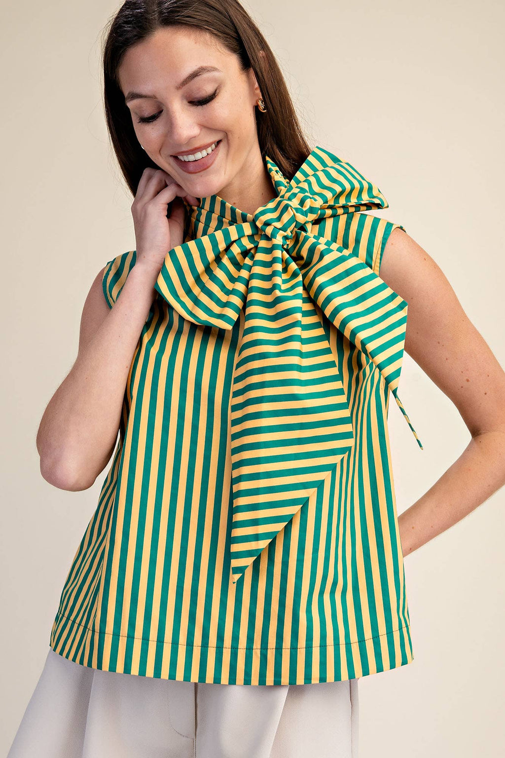 Green & Gold Tie Neck Sleeveless Stripe Top