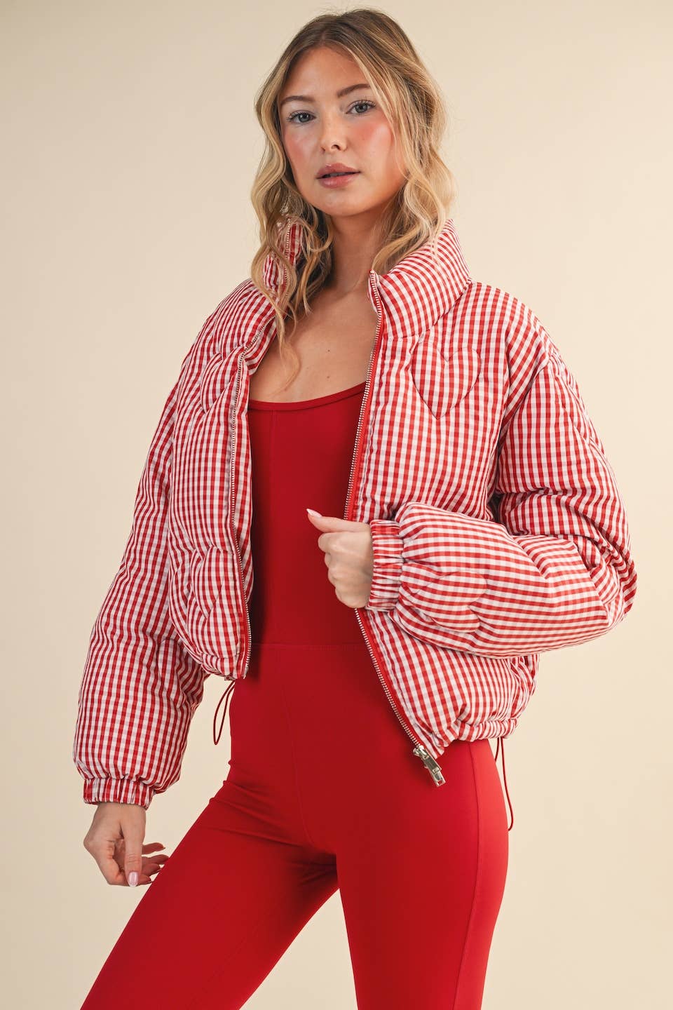Red Gingham Print Puffer Jacket with Heart Shaped Quilting
